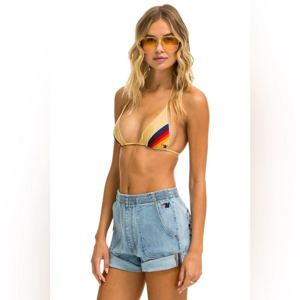 Aviator Nation Hi Rise Skater Cutoff Check Back Pocket Denim Shorts NWT - Picture 3 of 7